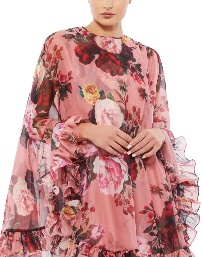 55404-Floral Print High Neck Ruffle Hem Cape Mini Dress chiffon by Mac Duggal in multi color for women in Singapore