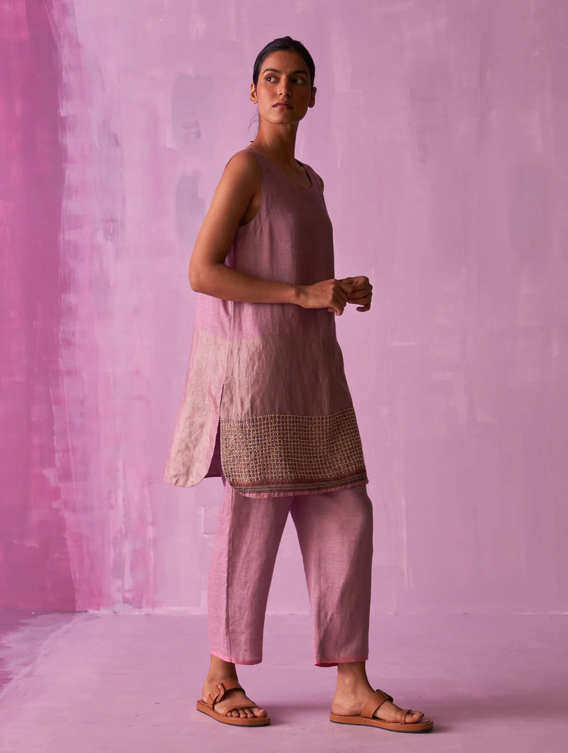 Irum Hand-Embroidered Sleeveless Kurta - Lavender linen by Manan for women in Singapore