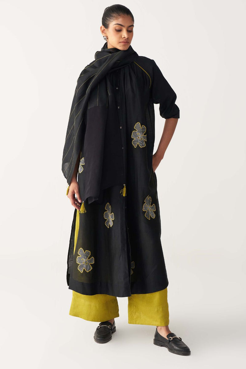 FLORAL EMB. GATHER NECK SHIRT CO-ORD (SET OF 3)-BLACK & LIME chanderi by THREE in black color for women in Singapore