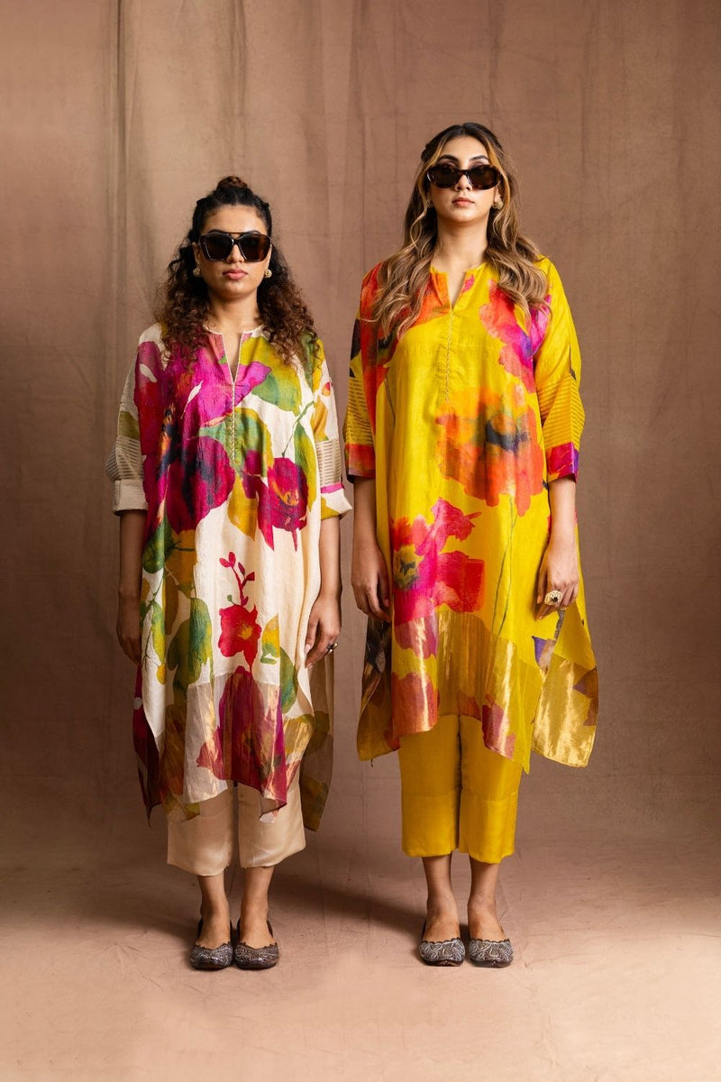 Floral Tussore Tunic Set-Mustard Floral Silk Tussore Kurta Set Sabo by Sabina — Canvas & Weaves Singapore