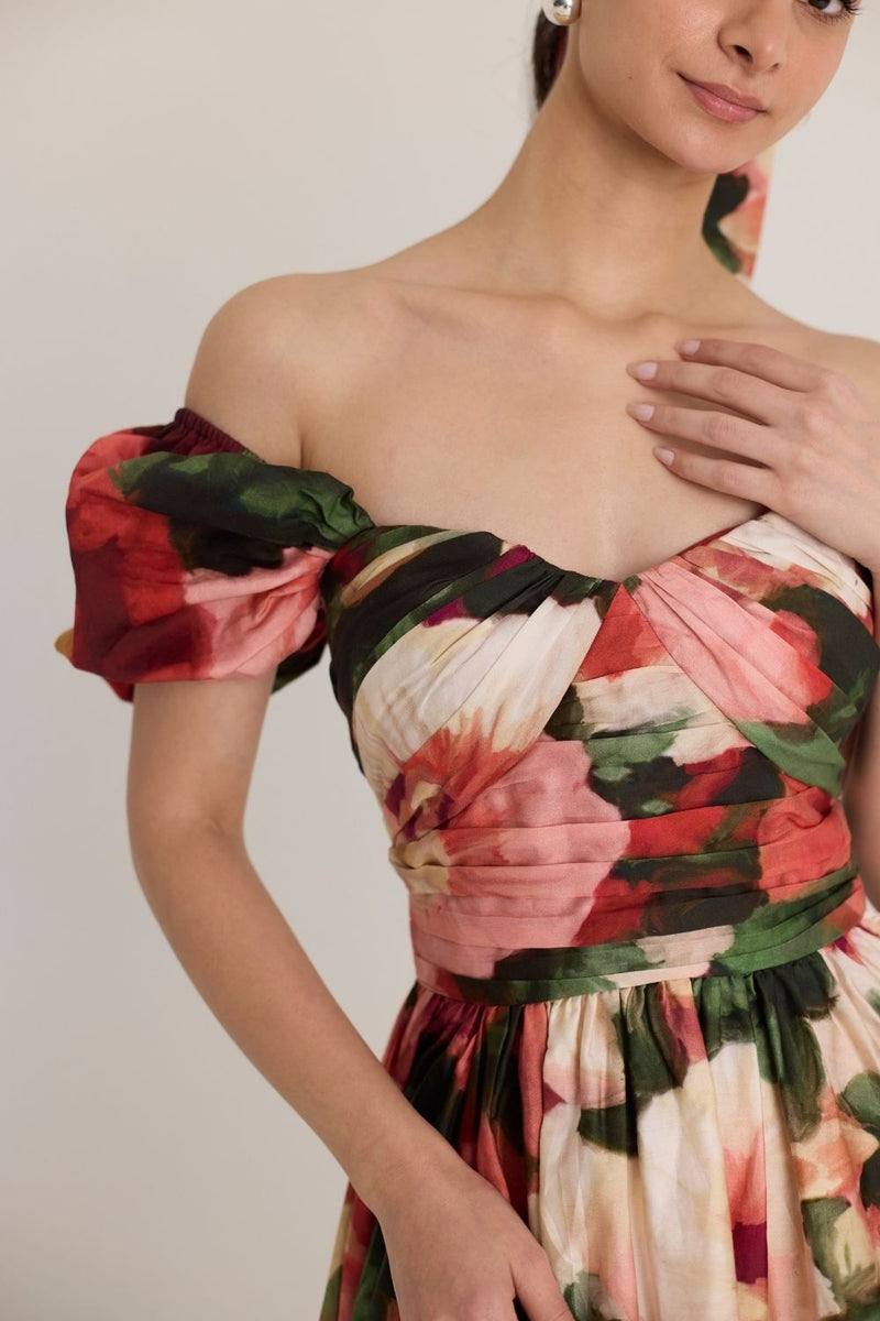 SCARLETT PUFF SLEEVE DRESS satin by Yam in multi color for women in Singapore