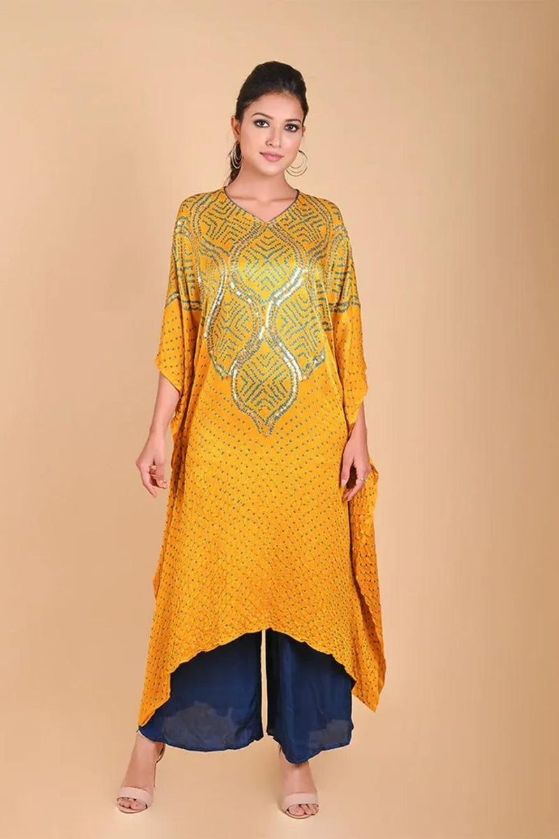 WAVE SEQUENCE KAFTAN-YELLOW silk by Dyelogue in yellow color for women in Singapore