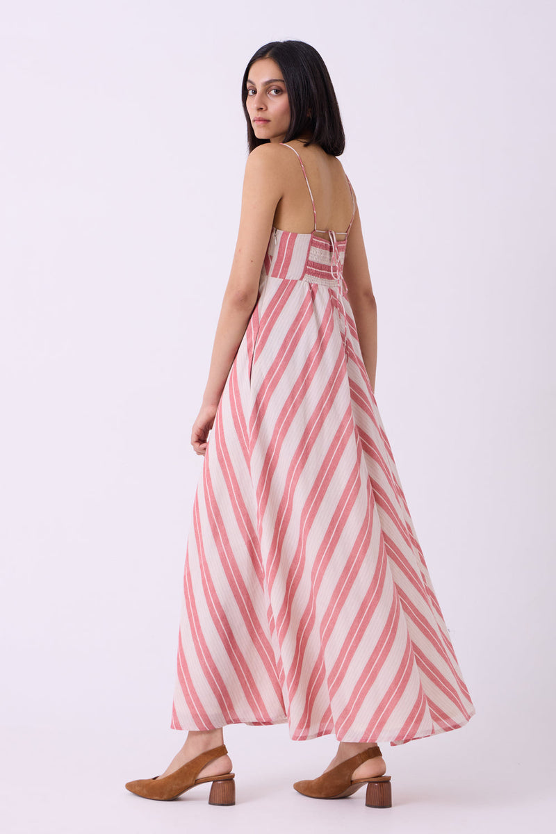 Ritsu Red Striped Handwoven Maxi Dress handwoven cotton dress by The Summer House in red for women in Singapore