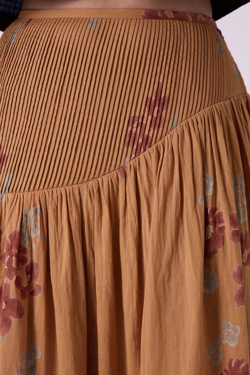 Kaika Floral Hand Printed Maxi Skirt hand block printed cotton mul skirt by The Summer House in brown for women in Singapore