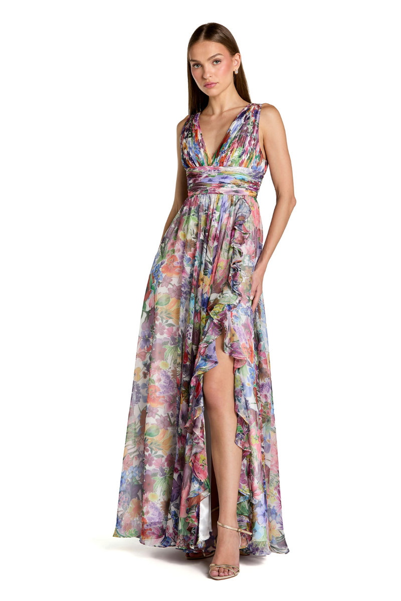 56119 - Multi Sleeveless Pleated Floral Print Chiffon V-Neck Gown chiffon by Mac Duggal in multi color for women in Singapore