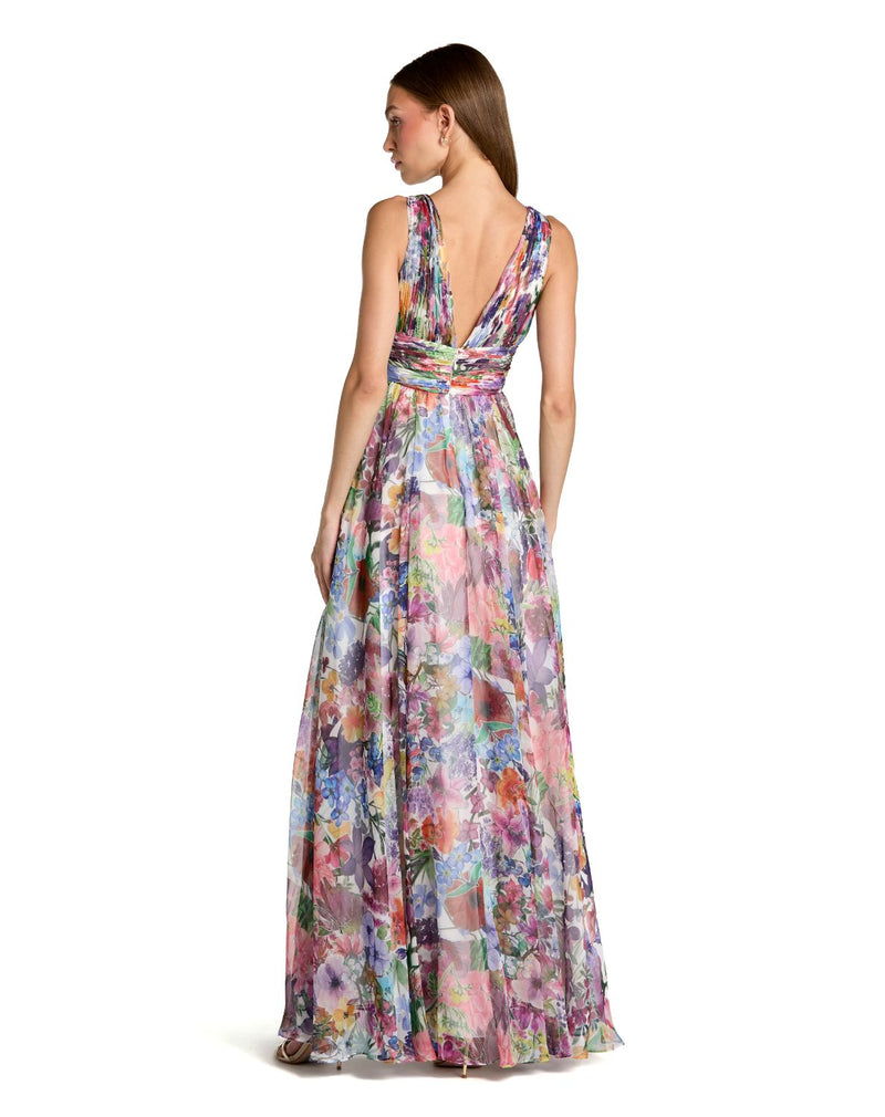 56119 - Multi Sleeveless Pleated Floral Print Chiffon V-Neck Gown chiffon by Mac Duggal in multi color for women in Singapore