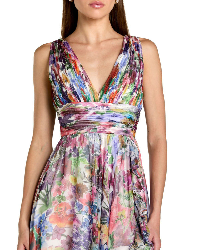 56119 - Multi Sleeveless Pleated Floral Print Chiffon V-Neck Gown chiffon by Mac Duggal in multi color for women in Singapore