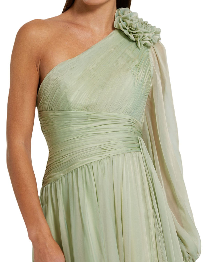 56142 - Green One Shoulder 3D Flower Gown With Slit polyester evening gowns by Mac Duggal in green for women in Singapore