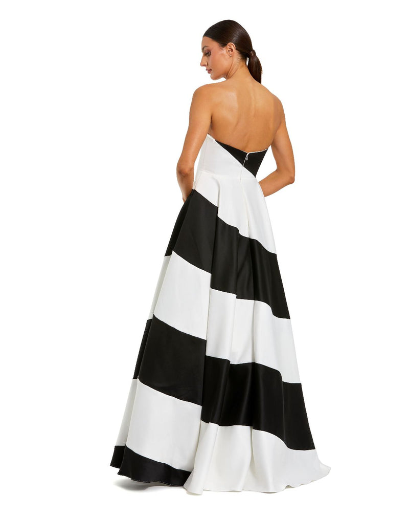 56190-Black and White Striped Satin Strapless Ball Gown satin by Mac Duggal in ivory color for women in Singapore