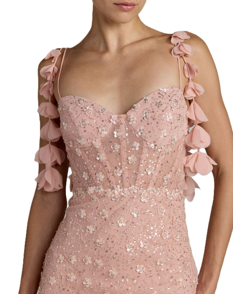 56259 - Pink Embellished Gown with Applique Floral Straps by Mac Duggal in pink color for women in Singapore