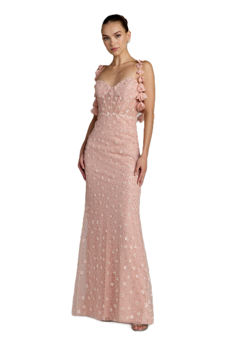 56259 - Pink Embellished Gown with Applique Floral Straps by Mac Duggal in pink color for women in Singapore