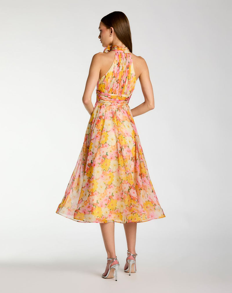 56348 - Multicolor Floral Halter Neck Midi Dress With 3D Flower polyester cocktail/party dress by Mac Duggal in multi - color for women in Singapore