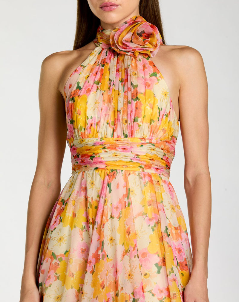 56348 - Multicolor Floral Halter Neck Midi Dress With 3D Flower polyester cocktail/party dress by Mac Duggal in multi - color for women in Singapore