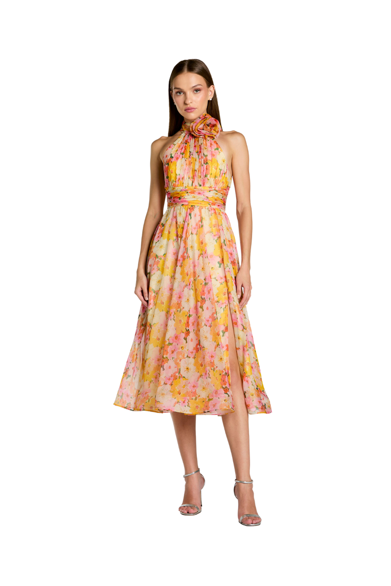 56348 - Multicolor Floral Halter Neck Midi Dress With 3D Flower polyester cocktail/party dress by Mac Duggal in multi - color for women in Singapore