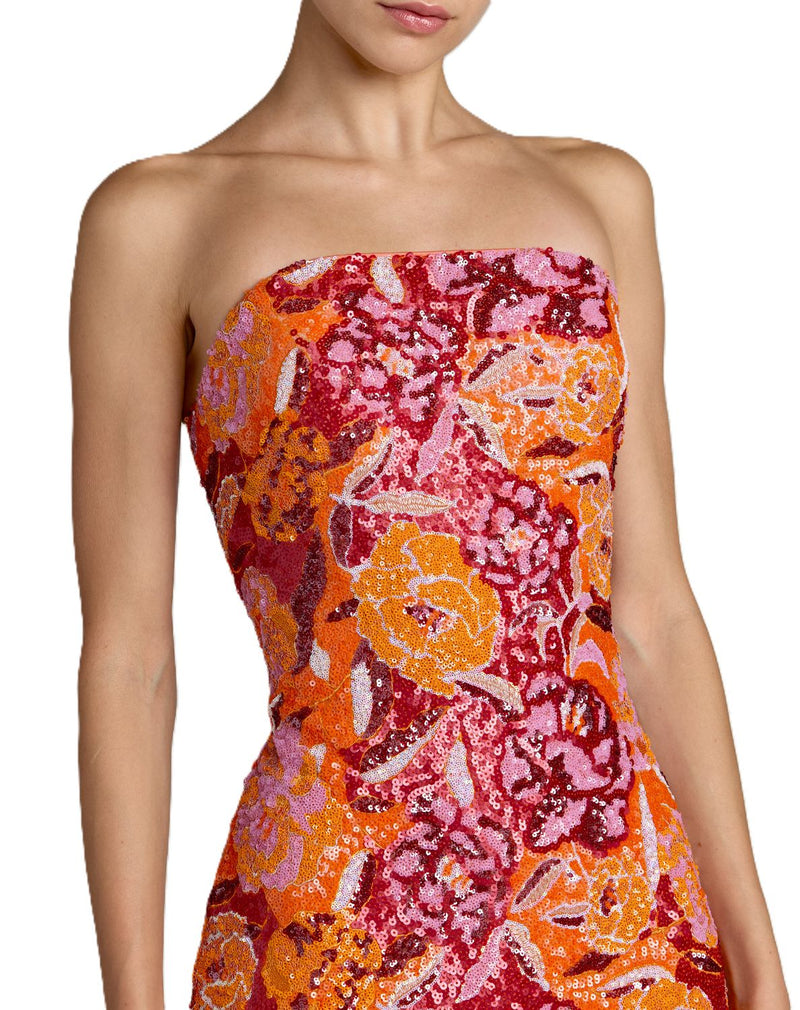 56385 - Orange Strapless Sequin Dress With Floral Detail by Mac Duggal in orange color for women in Singapore