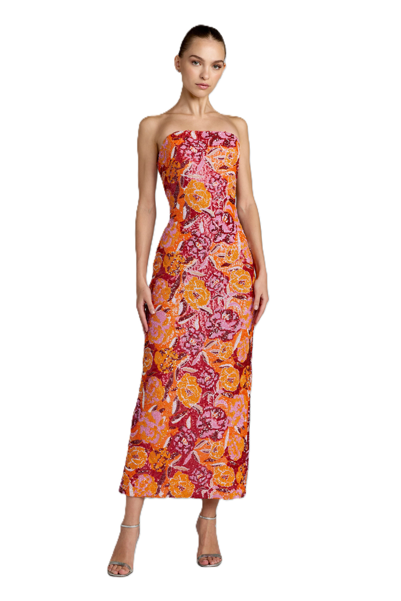 56385 - Orange Strapless Sequin Dress With Floral Detail by Mac Duggal in orange color for women in Singapore