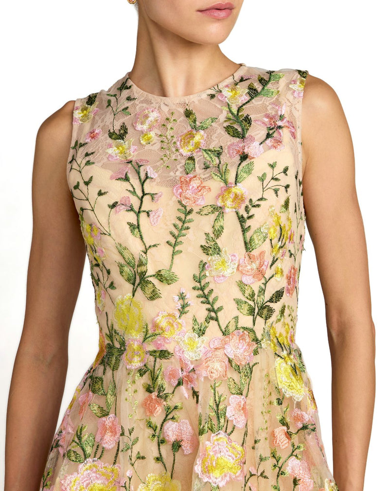 56409 - Yellow Floral Embroidered Sleeveless A-Line Mini Dress polyester cocktail/party dress by Mac Duggal in yellow for women in Singapore
