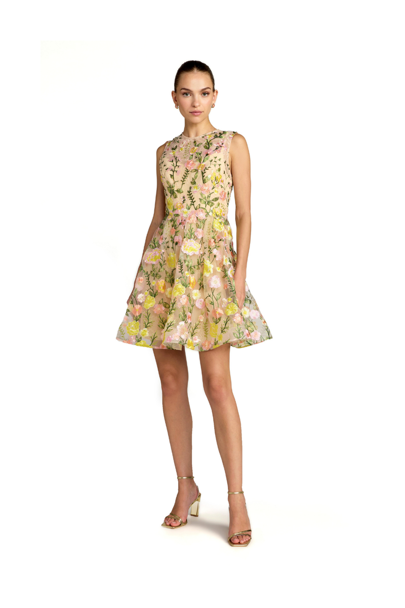 56409 - Yellow Floral Embroidered Sleeveless A-Line Mini Dress polyester cocktail/party dress by Mac Duggal in yellow for women in Singapore