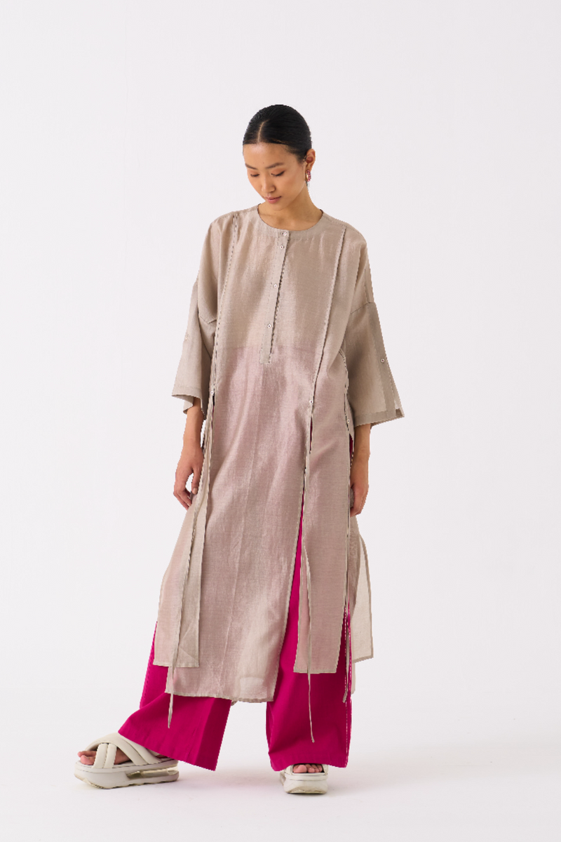 PANELLED TUNIC-ASH GREY chanderi by THREE in grey color for women in Singapore