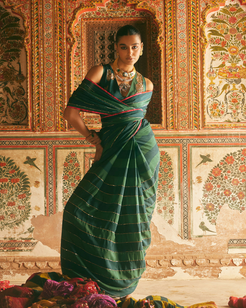 Khel Teal Green Stripe Saree With Waistcoat Blouse by Rajiramniq in green color for women in Singapore