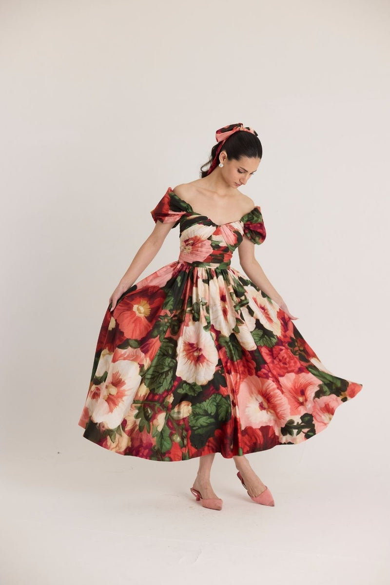 SCARLETT PUFF SLEEVE DRESS satin by Yam in multi color for women in Singapore