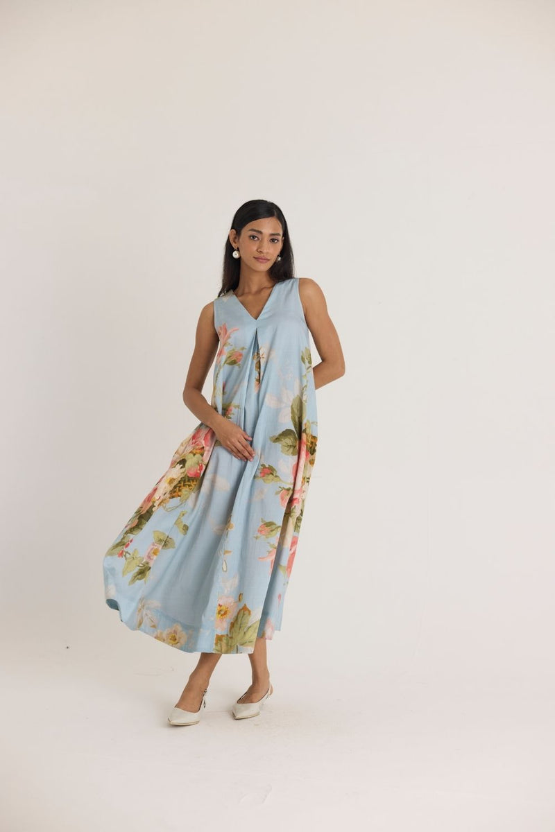 TAFFY V NECK DRESS satin by Yam in blue color for in Singapore