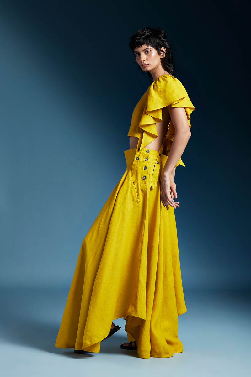 Aurelia Dress-Mustard linen by Chola in mustard color for women in Singapore