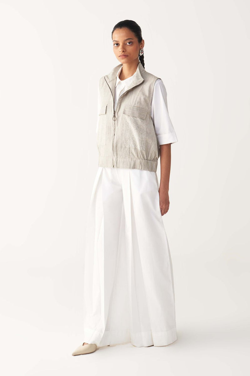 SLEEVELESS EMB. POCKET BOMBER (SET OF 3)-BEIGE & WHITE cotton by THREE in beige color for women in Singapore