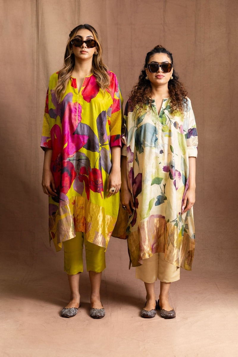 Floral Tussore Tunic Set-Citrus Yellow Floral Silk Tussore Kurta Set Sabo by Sabina — Canvas & Weaves Singapore