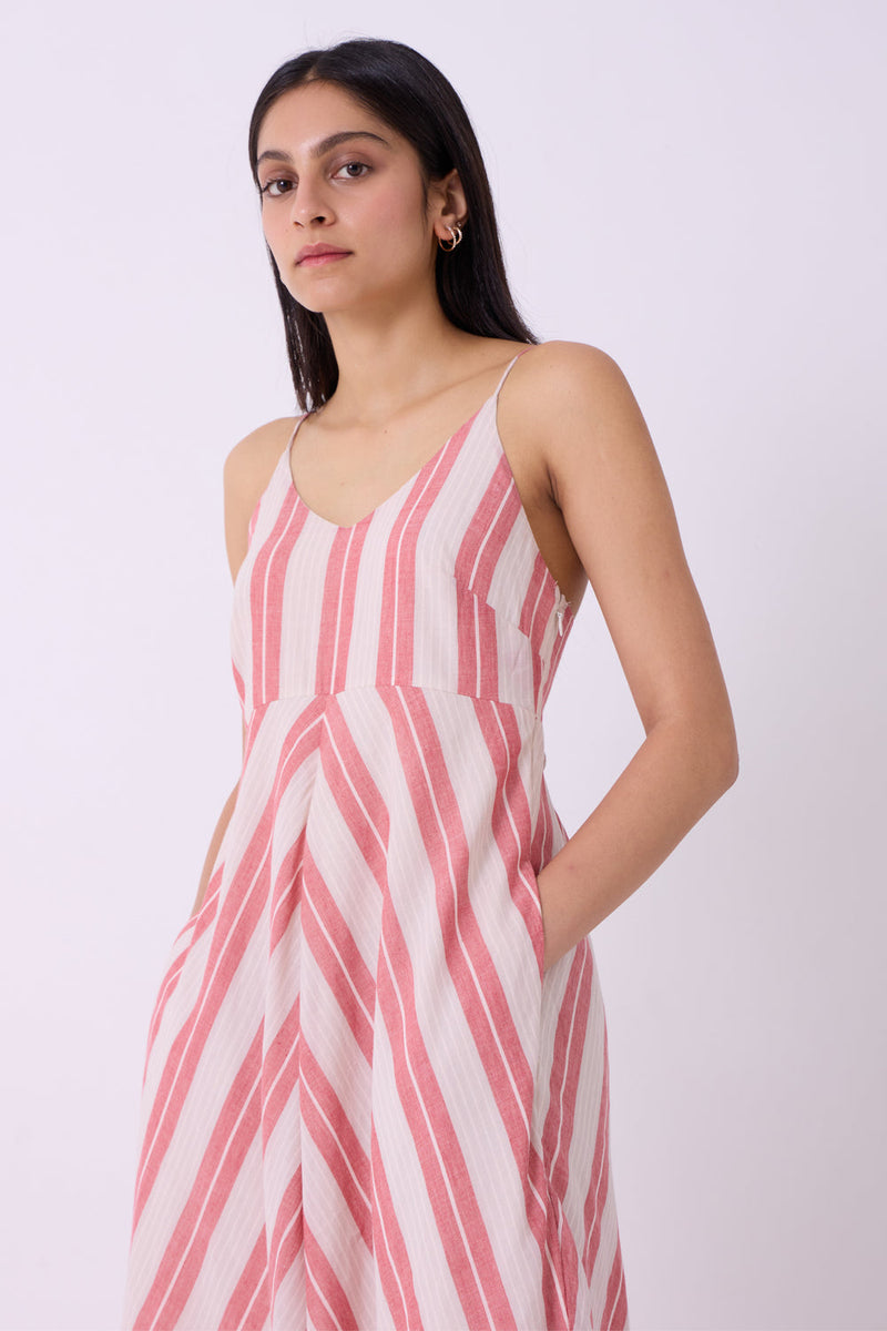 Ritsu Red Striped Handwoven Maxi Dress handwoven cotton dress by The Summer House in red for women in Singapore