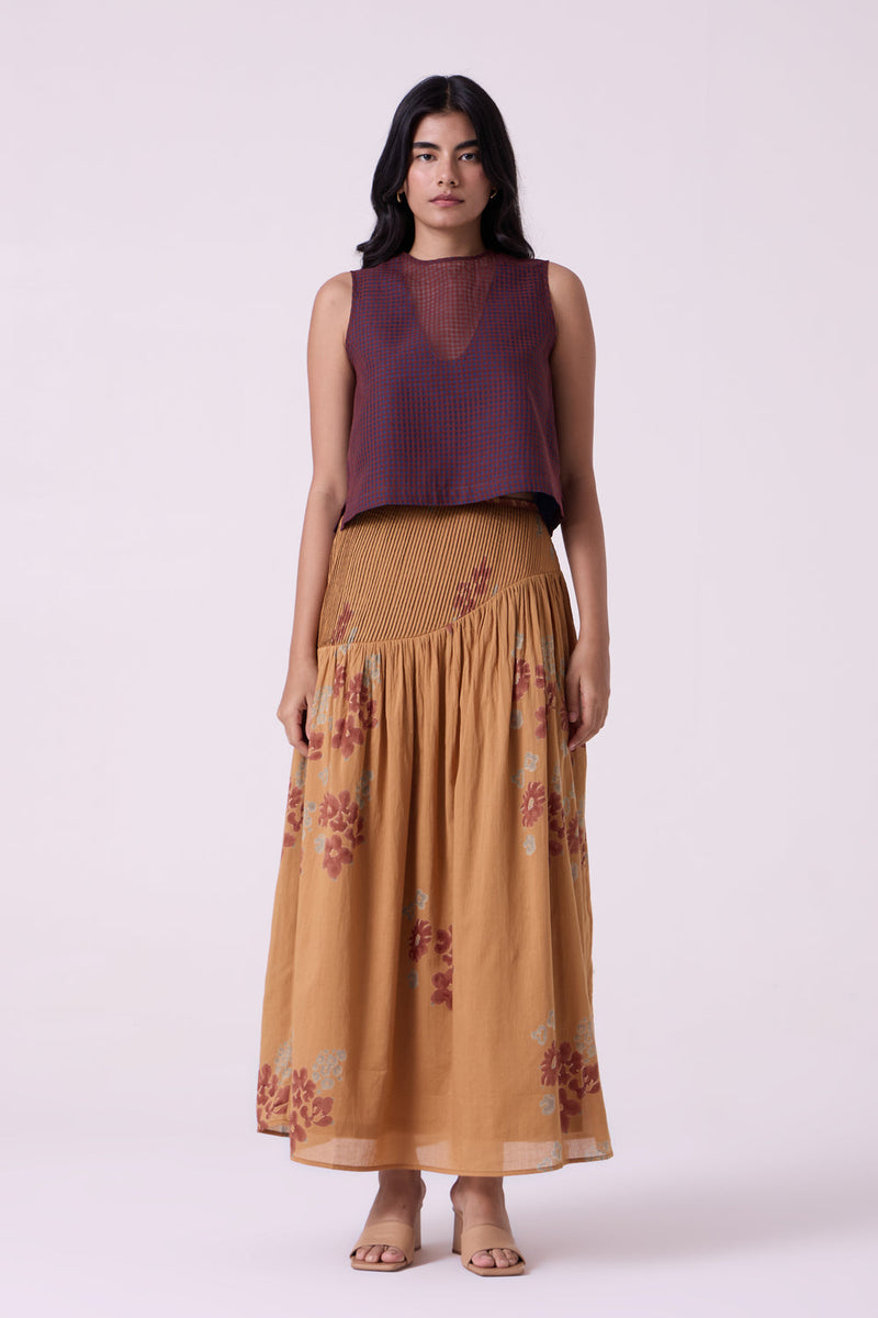 Kaika Floral Hand Printed Maxi Skirt hand block printed cotton mul skirt by The Summer House in brown for women in Singapore