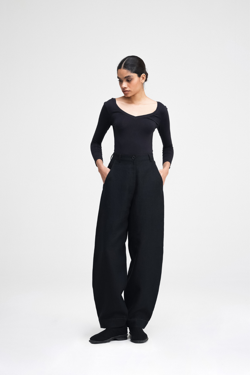 Koja Hand-Embroidered Pants linen by Turn Black in black color for women in Singapore