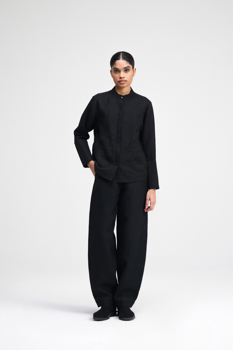 Koja Hand-Embroidered Pants linen by Turn Black in black color for women in Singapore