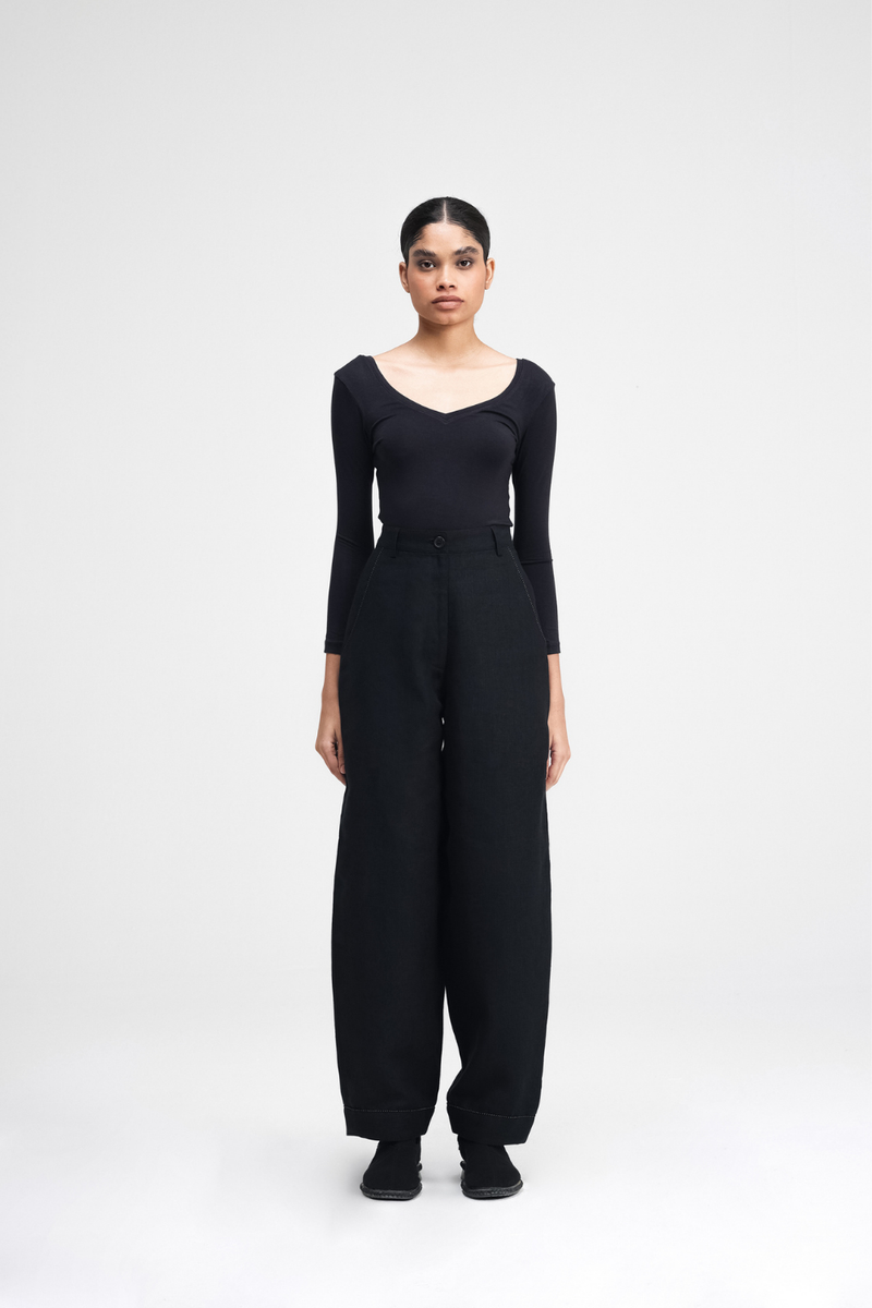 Koja Hand-Embroidered Pants linen by Turn Black in black color for women in Singapore