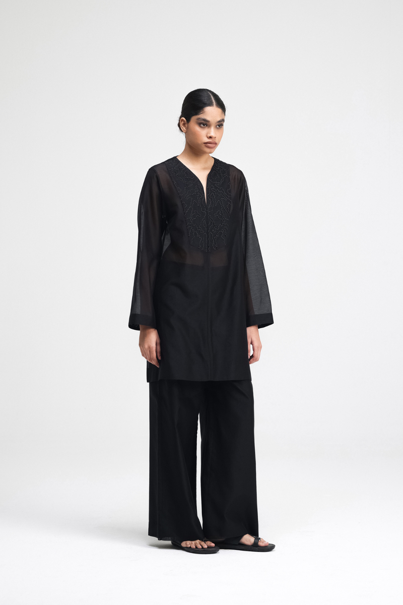 Jun Hand-Embroidered Kurta silk by Turn Black in black color for women in Singapore
