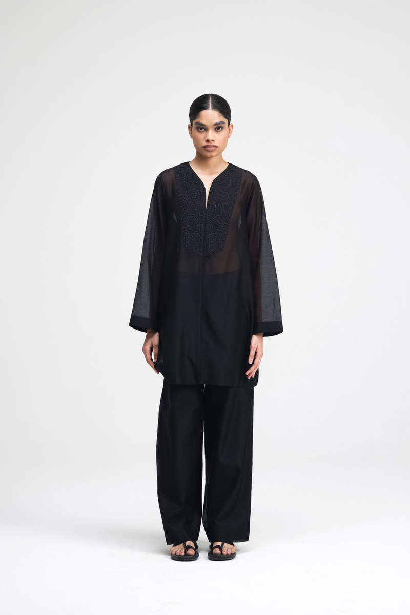 Jun Hand-Embroidered Kurta silk by Turn Black in black color for women in Singapore
