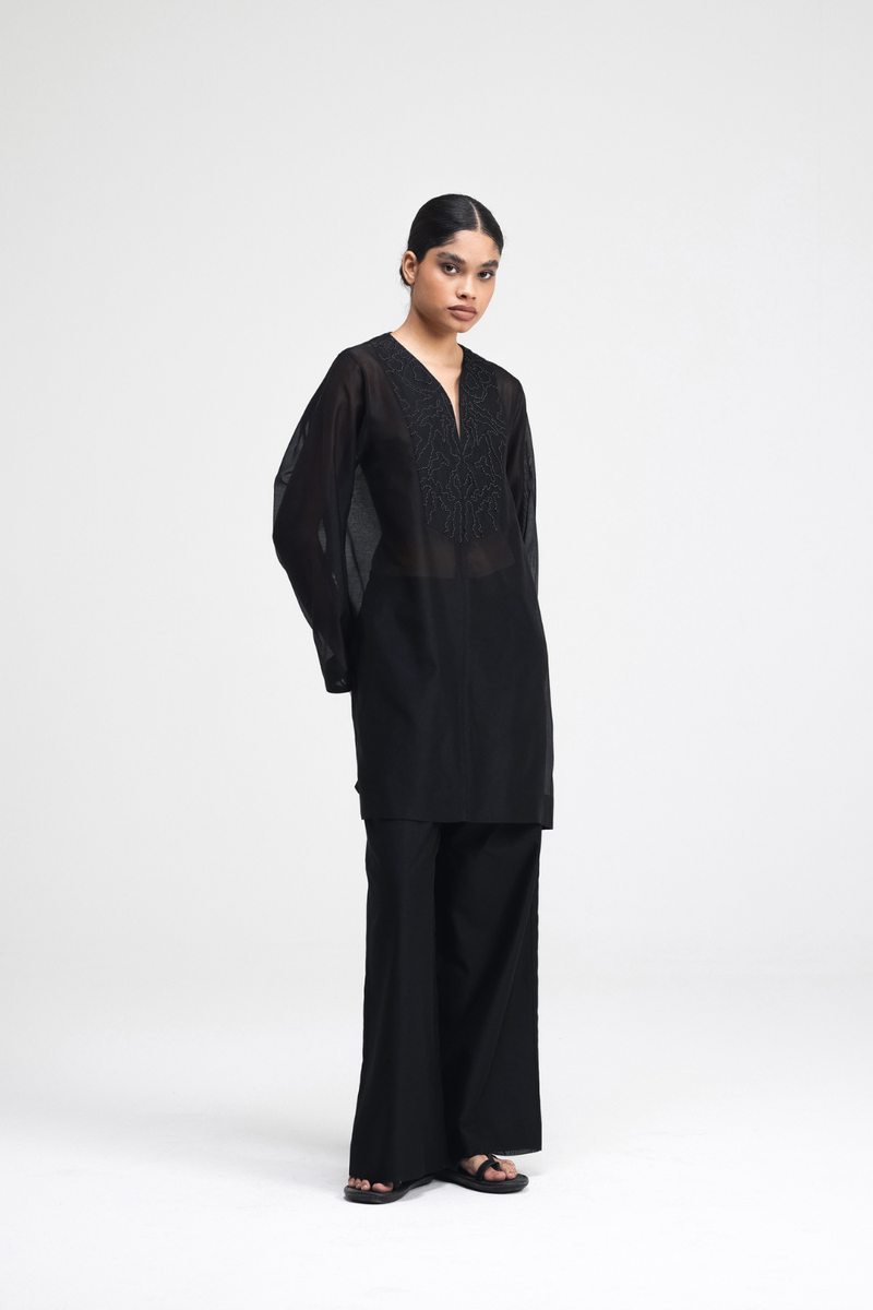 Jun Hand-Embroidered Kurta silk by Turn Black in black color for women in Singapore