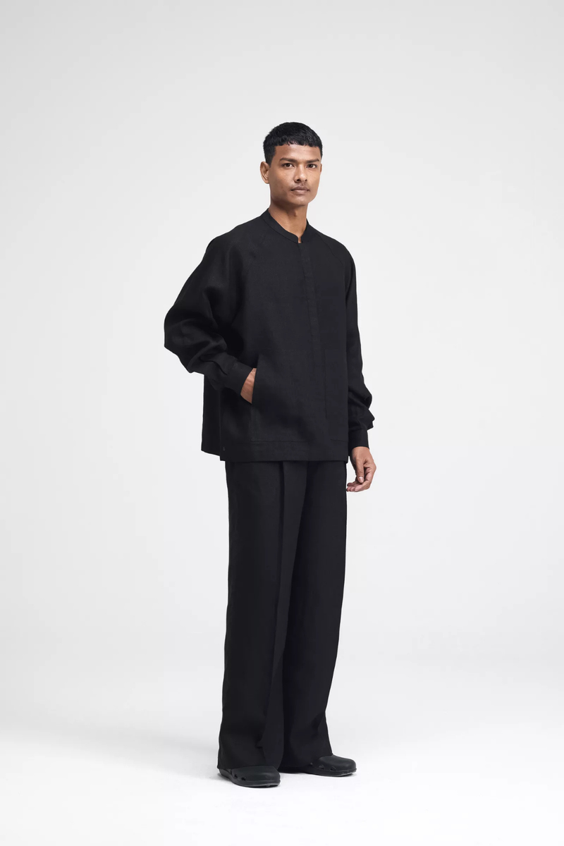 Cali Raglan Co-ord Set linen by Turn Black in black color for men in Singapore