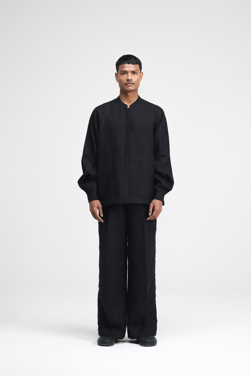 Cali Raglan Co-ord Set linen by Turn Black in black color for men in Singapore