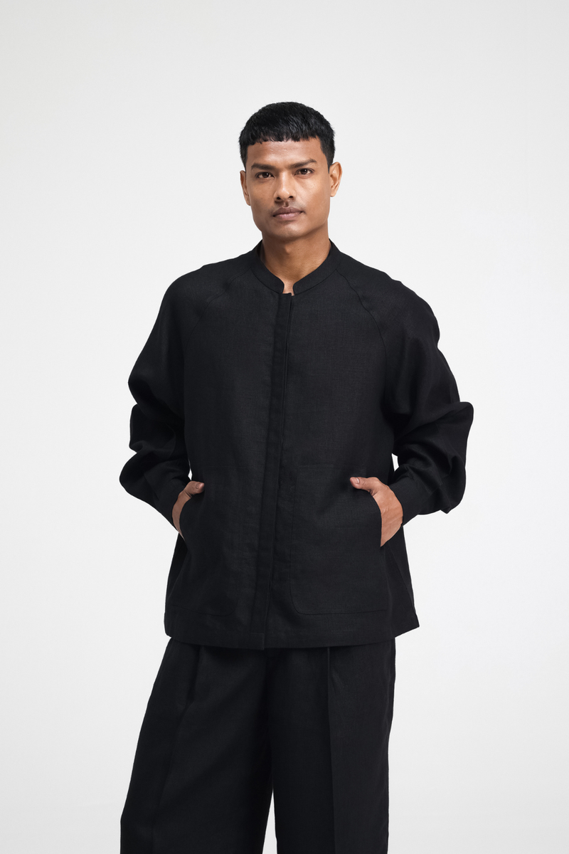 Cali Raglan Co-ord Set linen by Turn Black in black color for men in Singapore