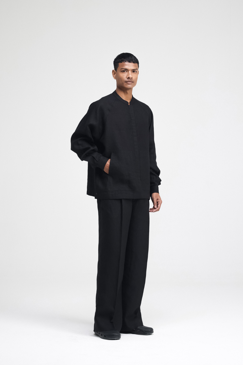 Cali Raglan Co-ord Set linen by Turn Black in black color for men in Singapore