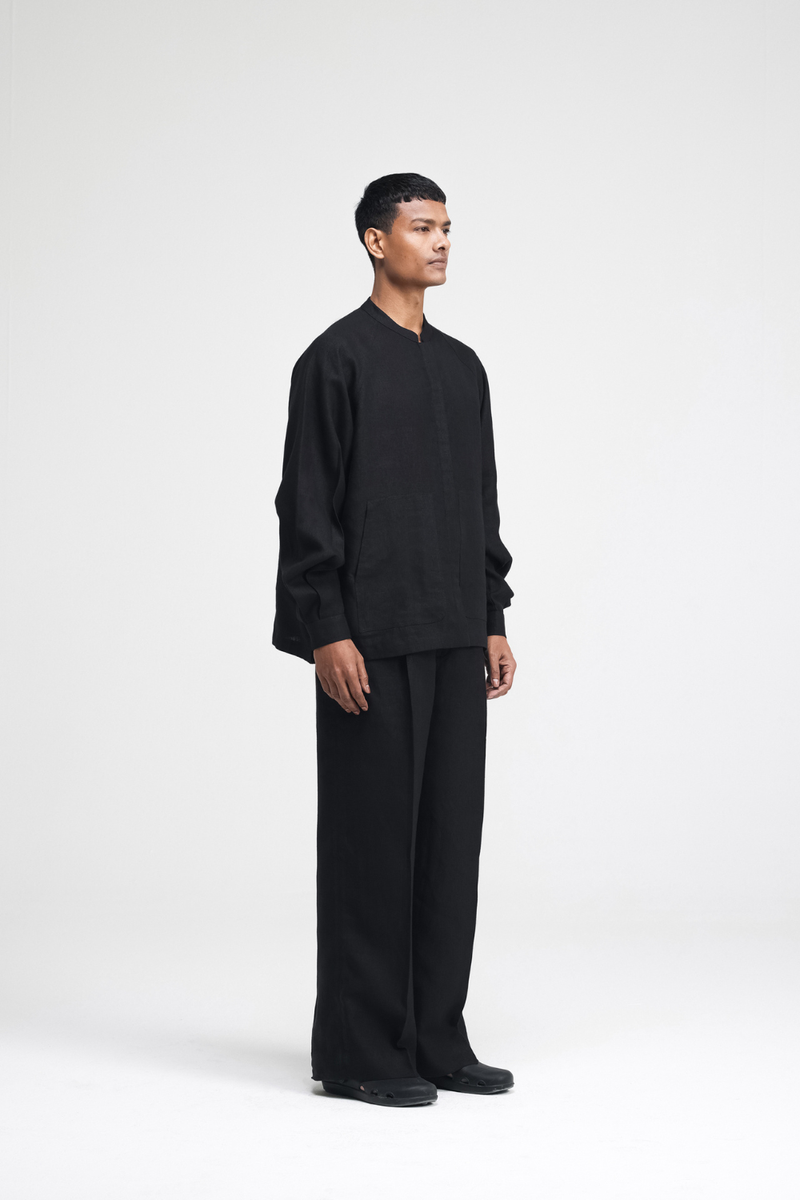 Cali Raglan Co-ord Set linen by Turn Black in black color for men in Singapore