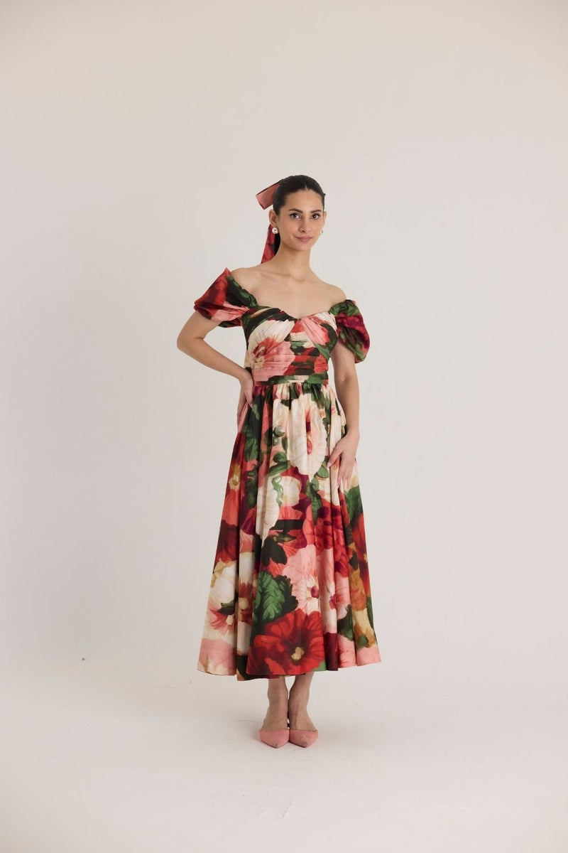 SCARLETT PUFF SLEEVE DRESS satin by Yam in multi color for women in Singapore