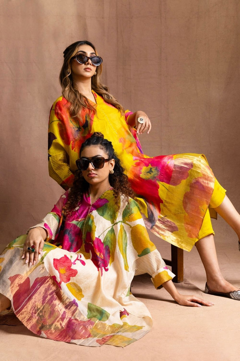 Floral Tussore Tunic Set-Mustard Floral Silk Tussore Kurta Set Sabo by Sabina — Canvas & Weaves Singapore