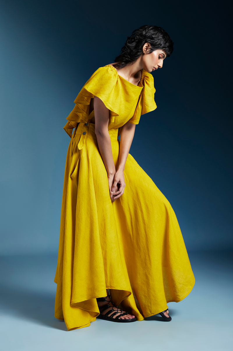 Aurelia Dress-Mustard linen by Chola in mustard color for women in Singapore