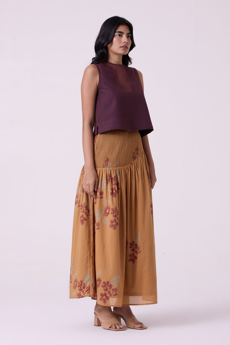 Kaika Floral Hand Printed Maxi Skirt hand block printed cotton mul skirt by The Summer House in brown for women in Singapore