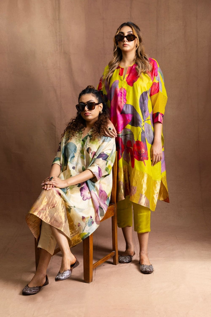 Floral Tussore Tunic Set-Sage Ivory Floral Silk Tussore Kurta Set Sabo by Sabina — Canvas & Weaves Singapore
