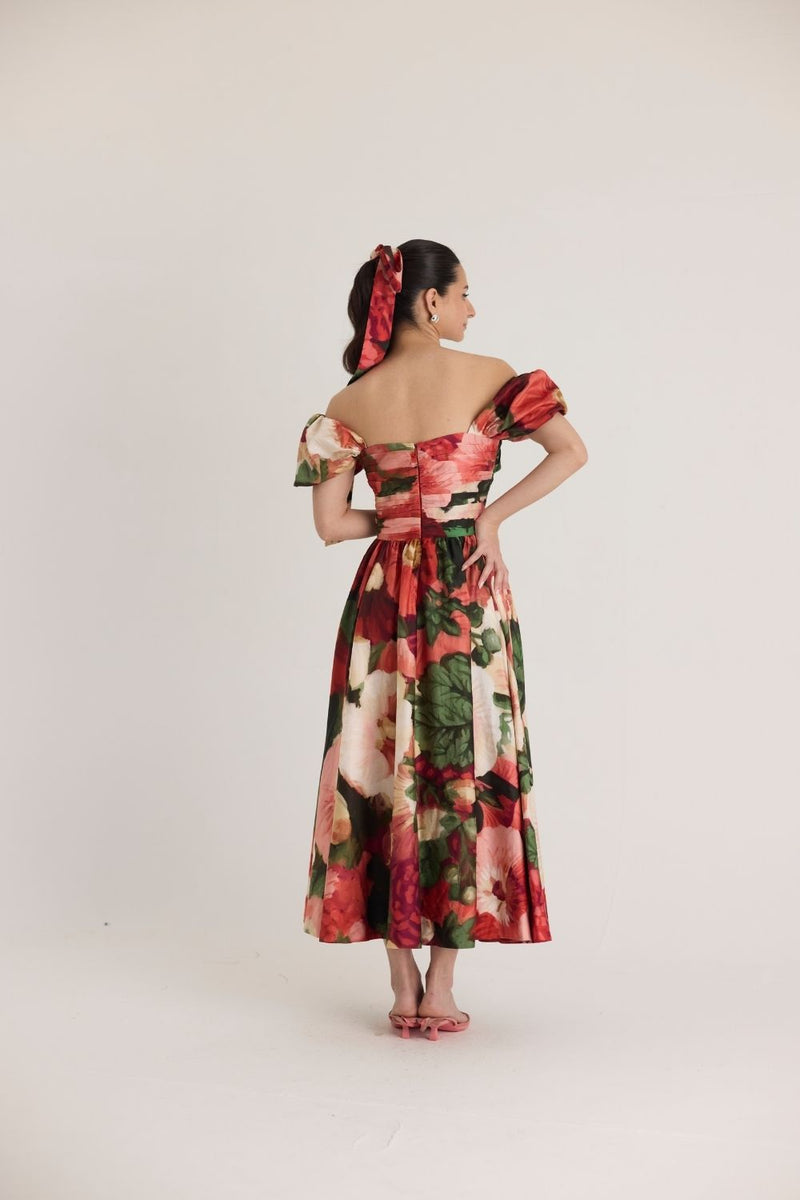 SCARLETT PUFF SLEEVE DRESS satin by Yam in multi color for women in Singapore