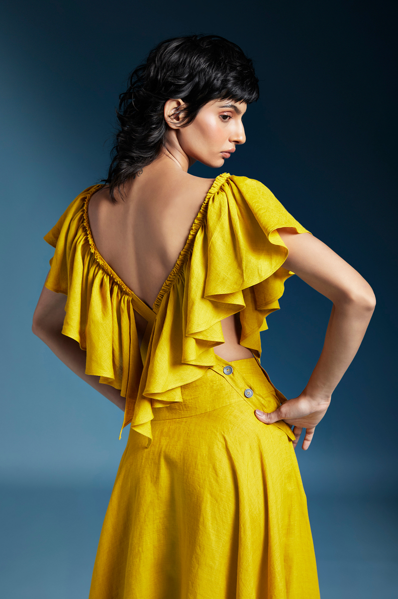 Aurelia Dress-Mustard linen by Chola in mustard color for women in Singapore