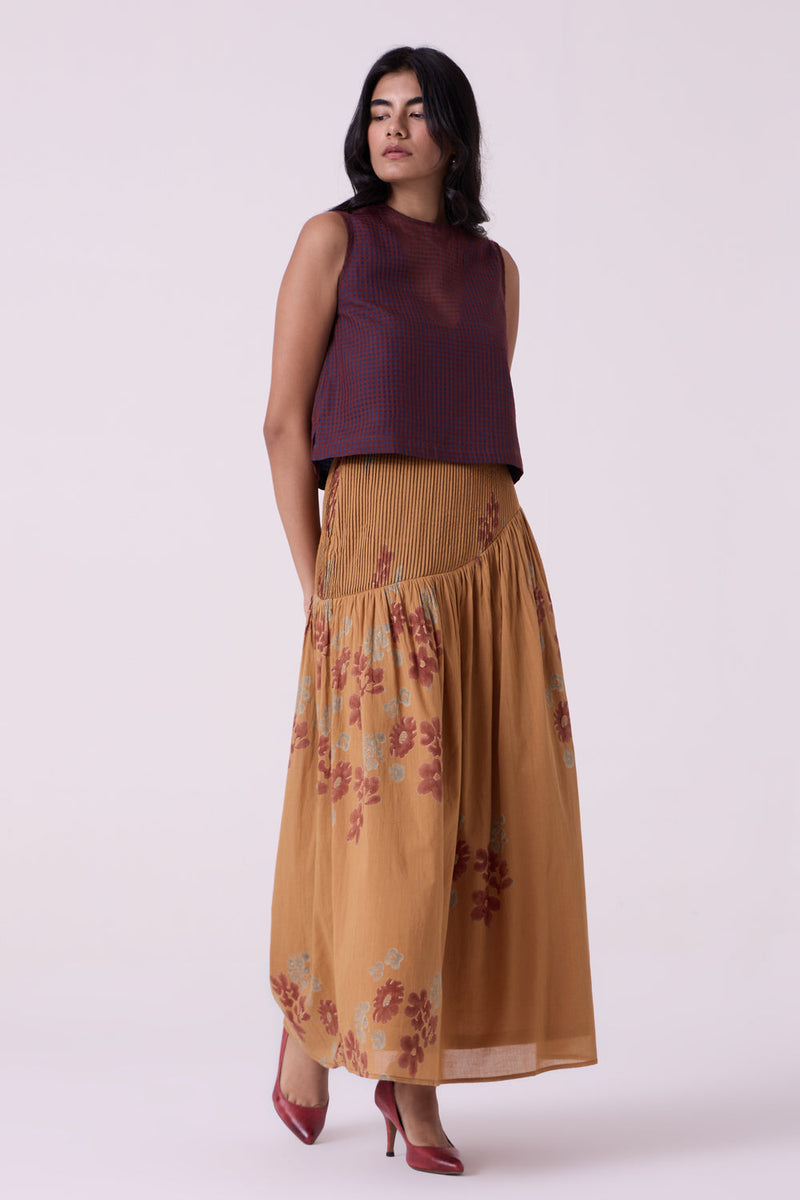 Kaika Floral Hand Printed Maxi Skirt hand block printed cotton mul skirt by The Summer House in brown for women in Singapore